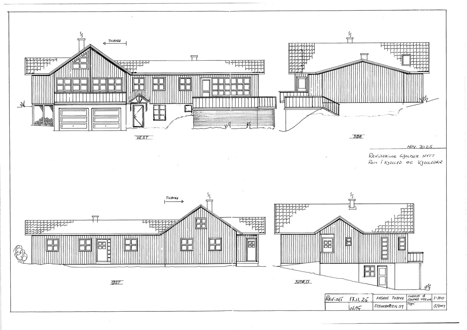 Fasadetegning som viser bygningens utseende fra fire ulike vinkler (vest, øst, nord og sør).