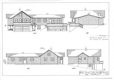 Fasadetegning som viser bygningens utseende fra fire ulike vinkler (vest, øst, nord og sør).