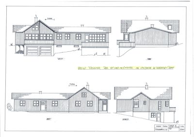 Fasadetegning som viser bygningens utsyn fra fire sider (vest, sør, øst og nord) med detaljer om takform, vinduer og fasadematerialer.