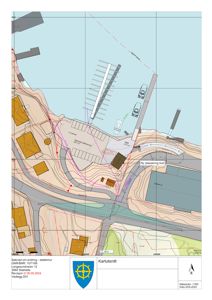 Kartutsnitt som viser situasjonsplan med topografi, eksisterende og nye bygninger, veier, og en planlagt endring av ståltemur.