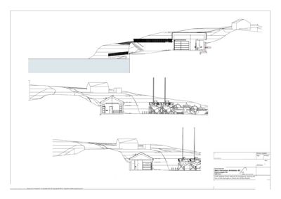 Tegning som viser tre ulike snitt (Snitt A, B og C) gjennom en bygning for å illustrere innvendig konstruksjon og høyder.