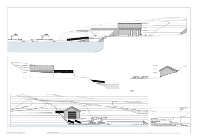 Fasadetegning som viser bygningens utseende fra ulike vinkler (Nord, Vest, Øst) med skraveringer som indikerer materialer og detaljer.