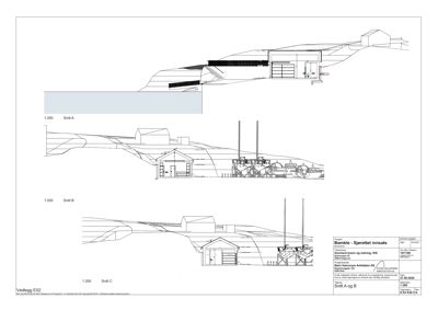 Tegning som viser tre ulike snitt (Snitt A, B og C) gjennom en bygning for å illustrere innvendig konstruksjon og høyder.