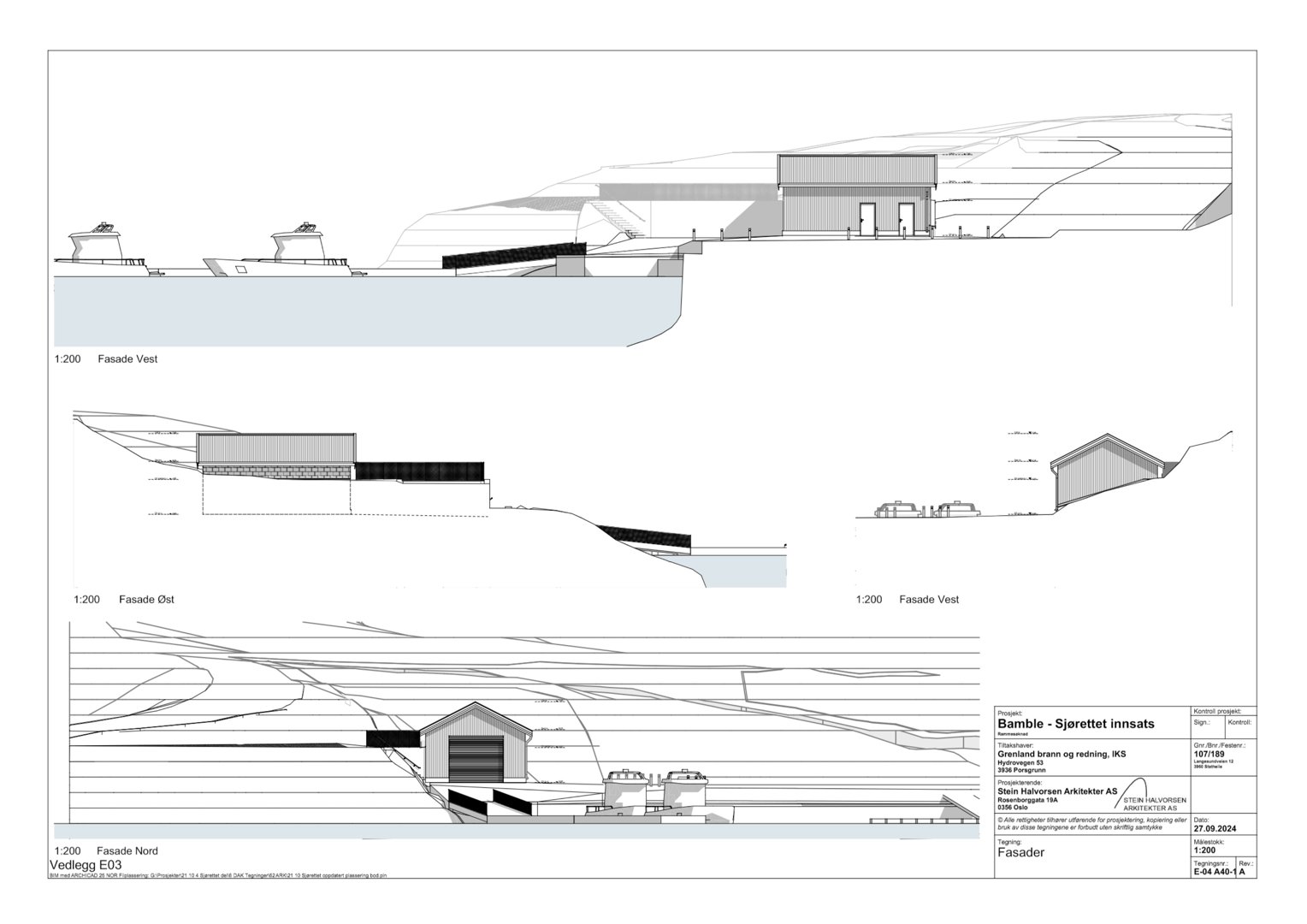 Fasadetegning som viser bygningens utseende fra ulike vinkler (Nord, Vest, Øst) med skraveringer som indikerer materialer og detaljer.