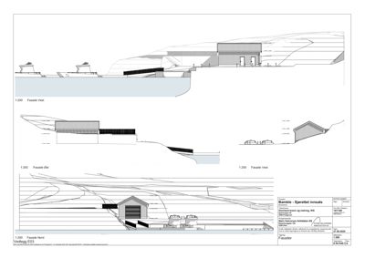 Fasadetegning som viser bygningens utseende fra ulike vinkler (Nord, Vest, Øst) med skraveringer som indikerer materialer og detaljer.