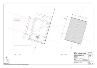 Plantegning av 2. etasje med romfordeling, dimensjoner og snittlinjer.