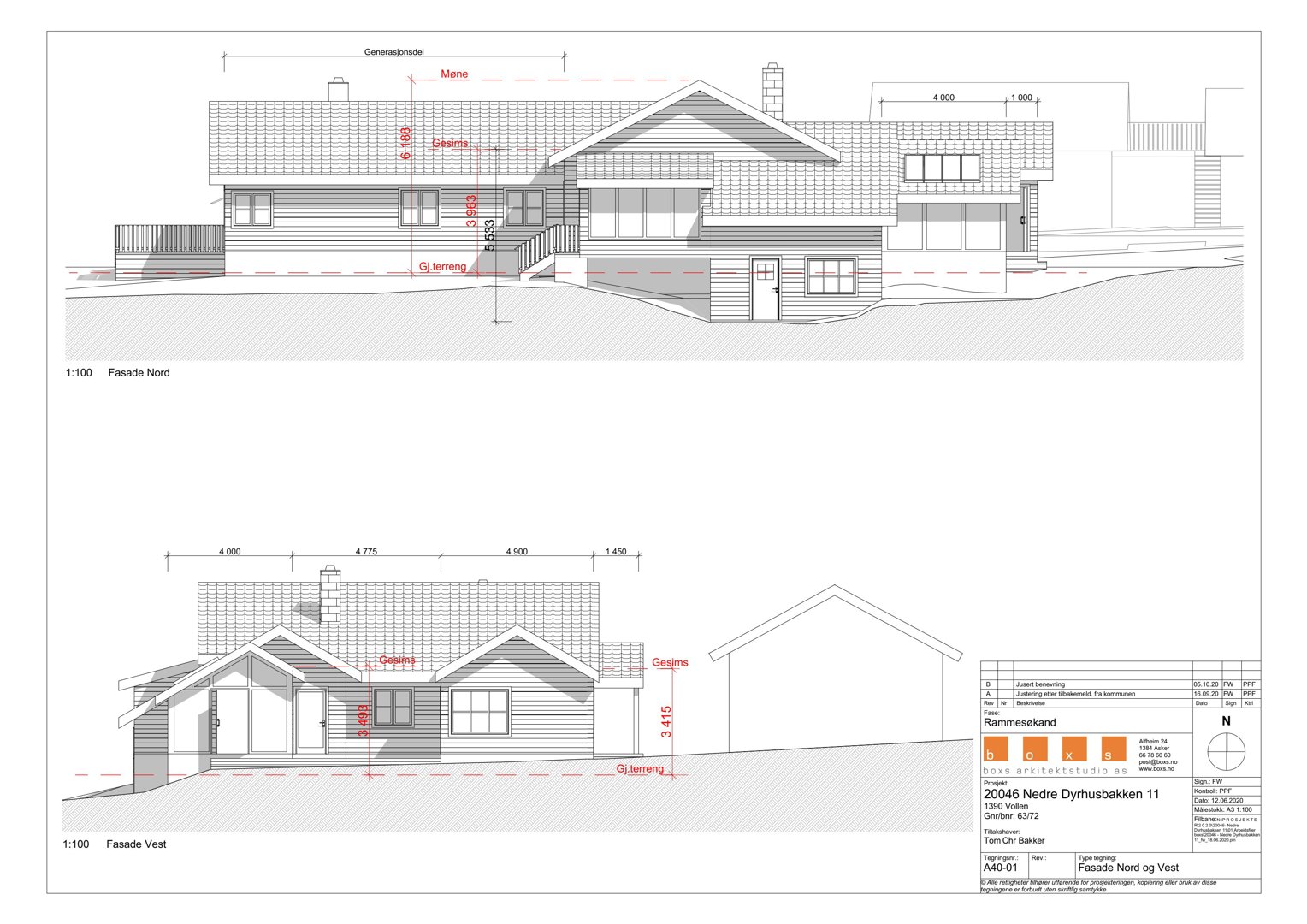 Bildet viser to fasadetegninger (Nord og Vest) av en bolig med mål og notasjoner.