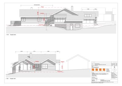 Bildet viser to fasadetegninger (Nord og Vest) av en bolig med mål og notasjoner.