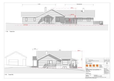 Fasadetegning som viser bygningens utseende sett fra sør og øst, med mål og detaljer.