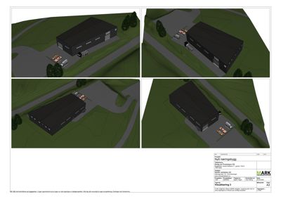 3D-visualisering av en ny næringsbygg med omgivende terreng og kjøretøy.