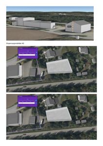 Bildene viser en 3D-modell av en bygning sett fra luften (satellittbilde), med overlagte grenser for eiendom og byggefelt. Dette er en visualisering av et tomt eller eksisterende bygg.