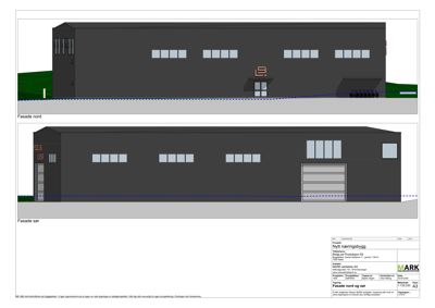 Fasadetegning som viser bygningens utsyn mot nord og sør, inkludert vinduer, dører og arkitektoniske detaljer.