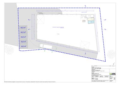 Etasjeplan (Plan 1. etasje) som viser romfordeling, arealer og dimensjoner for et nytt næringsbygg.