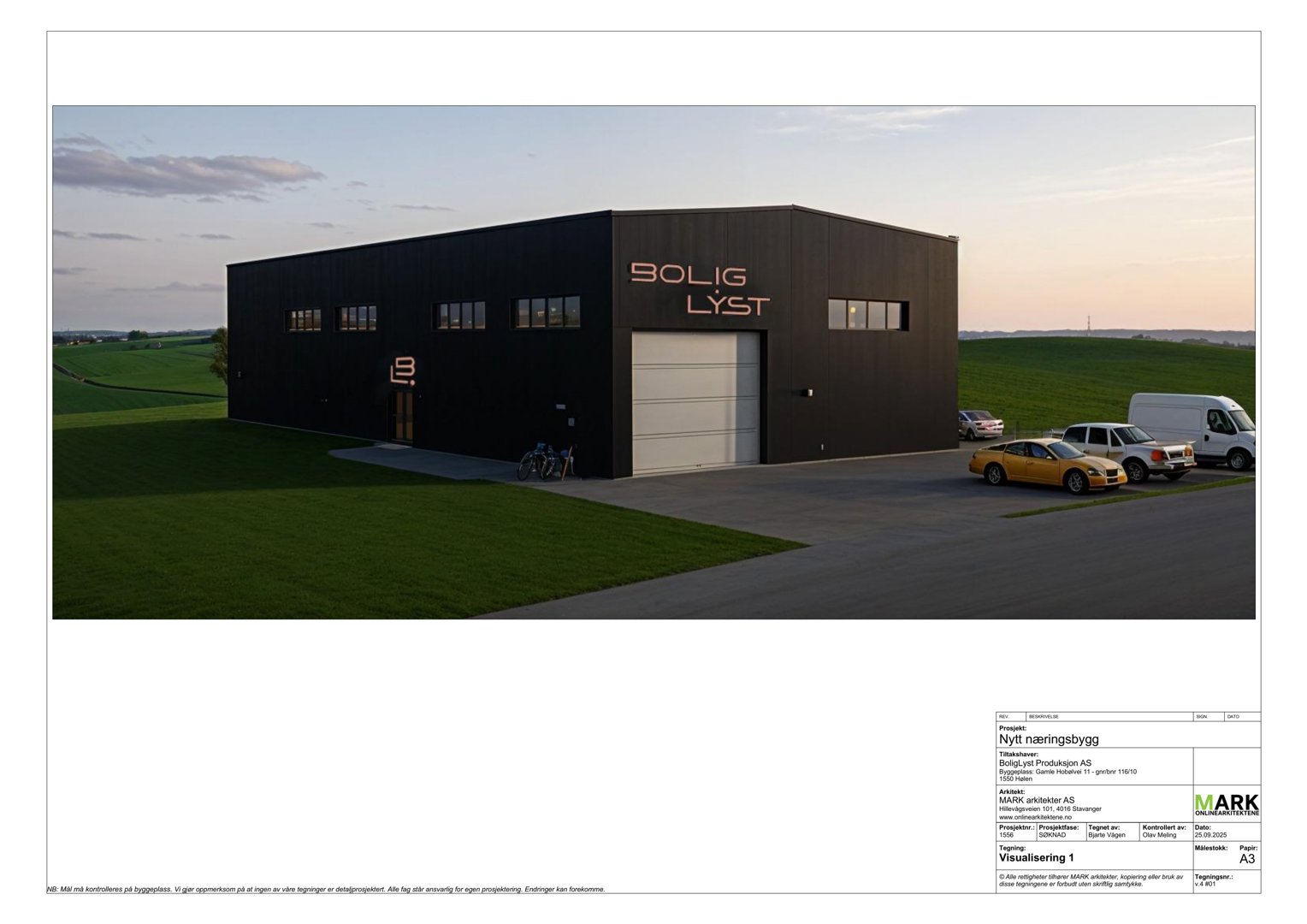 3D-visualisering av en planlagt næringsbygg med bil og omgivelser