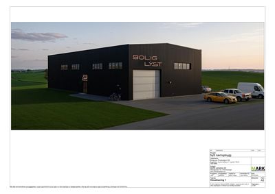 3D-visualisering av en planlagt næringsbygg med bil og omgivelser