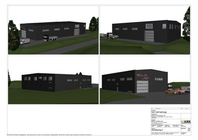Bildet viser fire ulike vinkler på en 3D-visualisering av en planlagt industribygning.