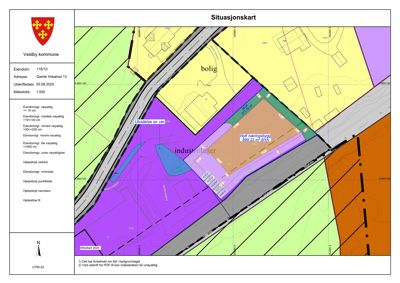 Situasjonskart som viser eiendomsforhold, arealbruk (bolig, industri/lager) og planlagt utvidelse av vei for eiendom 116/10 i Vestby kommune.