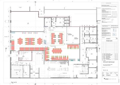 Etasjeplan for et McDonald's-restaurant, som viser romfordeling, møblering og dimensjoner.