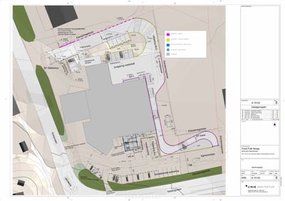 Situasjonsplan som viser bygningens plassering i forhold til nabolag, veier og eiendomsgrenser.