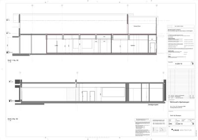Snittegning av bygningen som viser romfordeling og høyder.