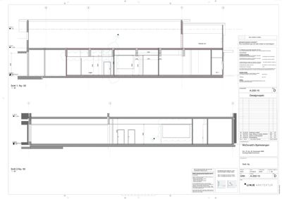 Snittegning av en bygning, som viser romfordeling og konstruksjon.