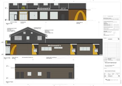 Fasadetegning som viser fronten på et McDonald's-restaurant med detaljer om vinduer, dører og fasadeelementer.