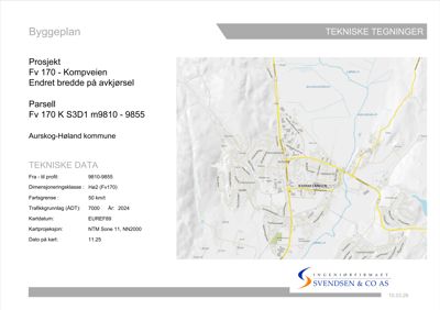 Et kart som viser en vei (Fv 170 - Kompveien) og omgivelsene, inkludert nabolag og infrastruktur.