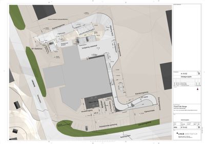 Situasjonsplan som viser bygningens plassering i forhold til eiendomsgrenser, veier og parkeringsområder.