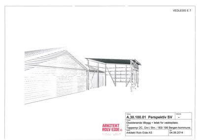En 3D-perspektivtegning (rendering) som viser en eksisterende bygning og et nytt tilbygg med etasjering og takkonstruksjon.