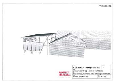 En linjetegning (perspektiv) som viser en 3D-visualisering av en eksisterende bygning og et nytt tilbygg.