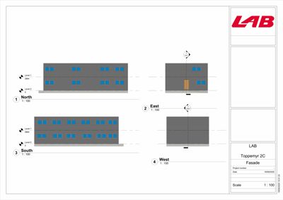 Fasadetegning som viser bygningens utseende fra fire sider (Nord, Øst, Sør, Vest) med vinduer og nivåer.