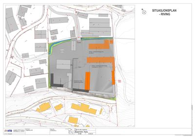 Situasjonsplan for Riving som viser tomtens beliggenhet, omgivende bebyggelse, topografi og planlagte inngrep.