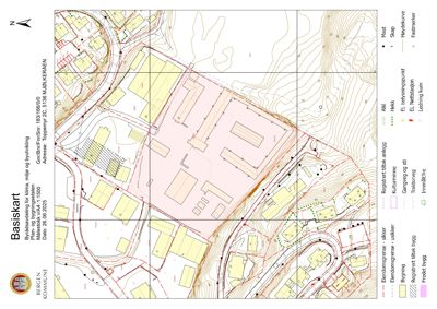 Basiskart (situasjonsplan) som viser eiendomsgrenser, bygninger, vegnett og terrengforhold for eiendommen Toppemyr 2C.