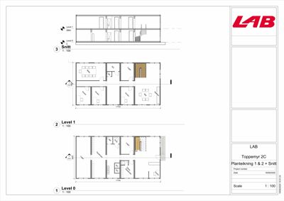 Plantegning som viser romfordeling for Level 0, Level 1 og et snitt (Snitt) av en bygning.