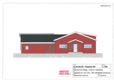 Fasadetegning (Nord-Vest) av en eksisterende bygning med tilbygg og letak for vaskeplass.
