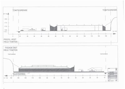 Bildet viser to fasadetegninger (profil og oppriss) for en bygning på en tomt, med høyde- og lengdemål.