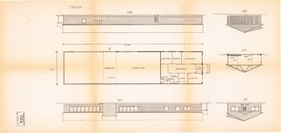 En tegning som viser fasadeopprikk (fra fire sider) og en etasjeplan for en bygning.
