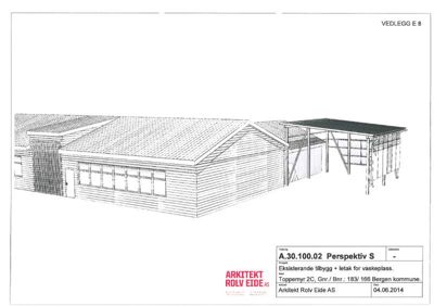 En 3D-perspektivtegning (rendering) som viser et eksisterende tilbygg og en ny vaskeplass. Tegningen illustrerer bygningens utseende, takform og fasade.