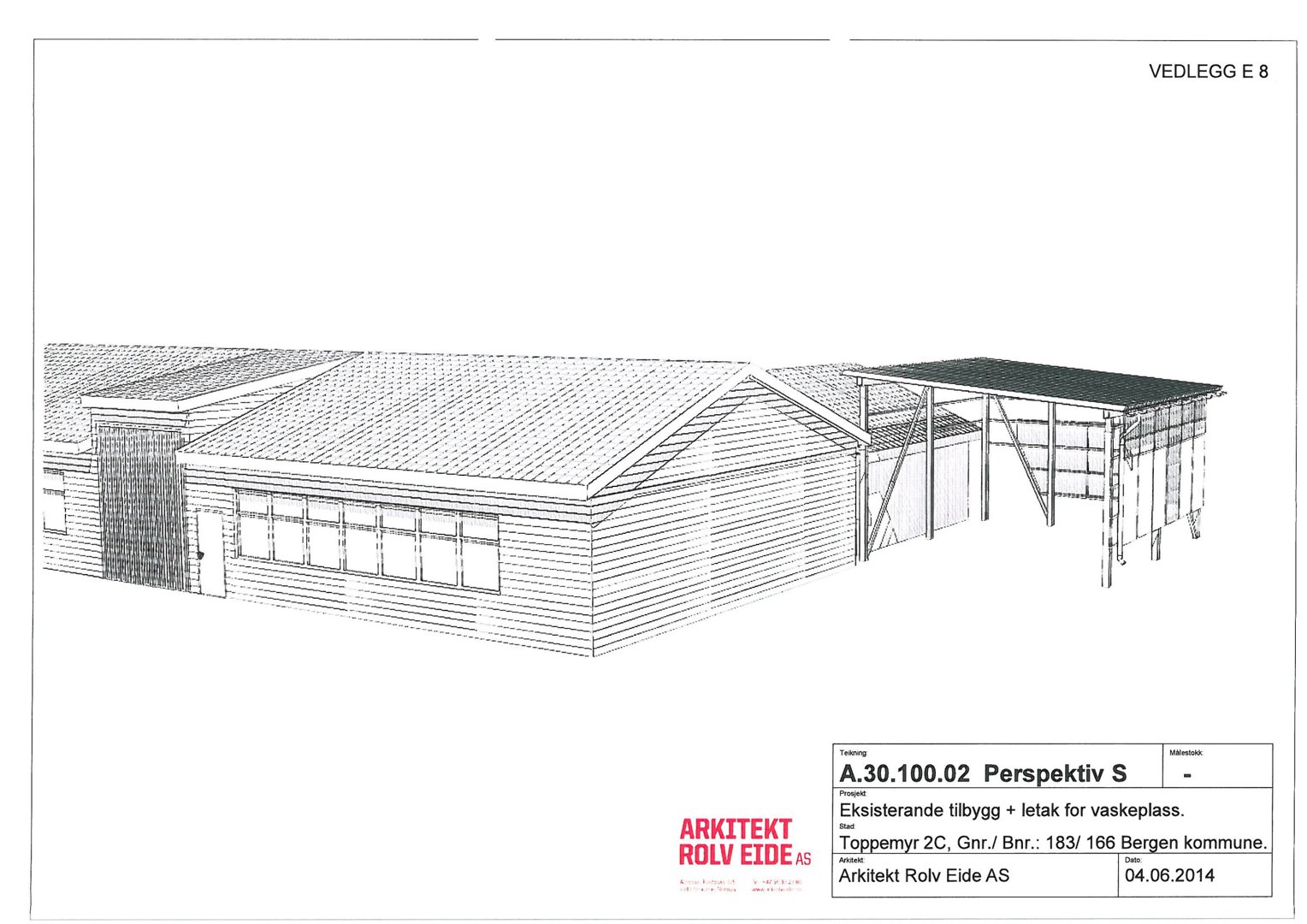 En 3D-perspektivtegning (rendering) som viser et eksisterende tilbygg og en ny vaskeplass. Tegningen illustrerer bygningens utseende, takform og fasade.
