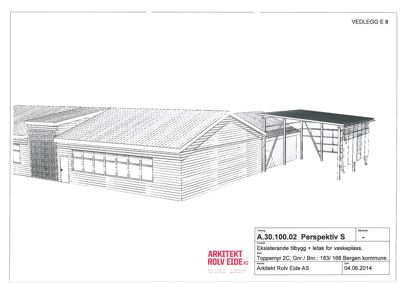 En 3D-perspektivtegning (rendering) som viser et eksisterende tilbygg og en ny vaskeplass. Tegningen illustrerer bygningens utseende, takform og fasade.