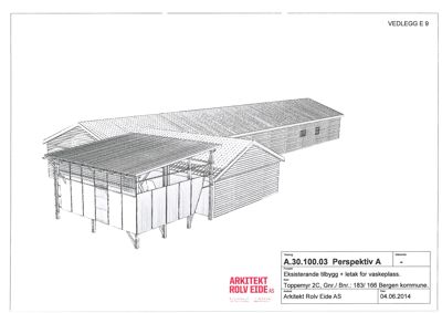 En 3D-perspektivtegning (rendering) som viser et eksisterende tilbygg og en letak for vaskeplass.
