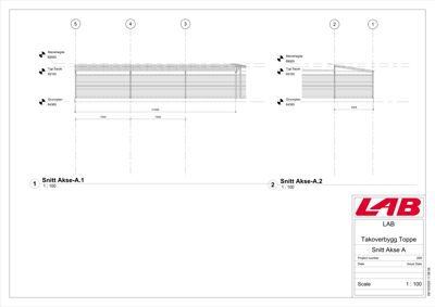 Snittegning (Snitt Akse-A) som viser takkonstruksjon, takhøyder og dimensjoner.