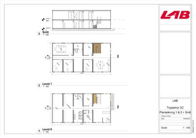 Plantegning som viser romfordeling for Level 0, Level 1 og et snitt (Snitt) av en bygning.