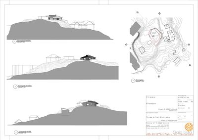 Situasjonsplan med topografiske kurver, bygningers plassering og terrengform (terrengsnitt).