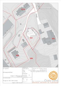 Situasjonsplan som viser tomtens form, grenser, høydeforskjeller (konturlinjer), nabobebyggelse og plassering av nybygg.