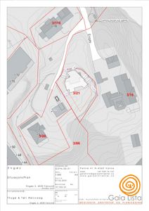 Situasjonsplan som viser tomtens form, grenser, naboeiendommer og topografi.