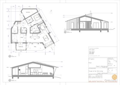 Bildet viser en tegning med etasjeplan (til høyre) og snittegning (til venstre) av en bolig. Det er også inkludert en fasadeopprikk og tekniske data om tomteutnyttelse.