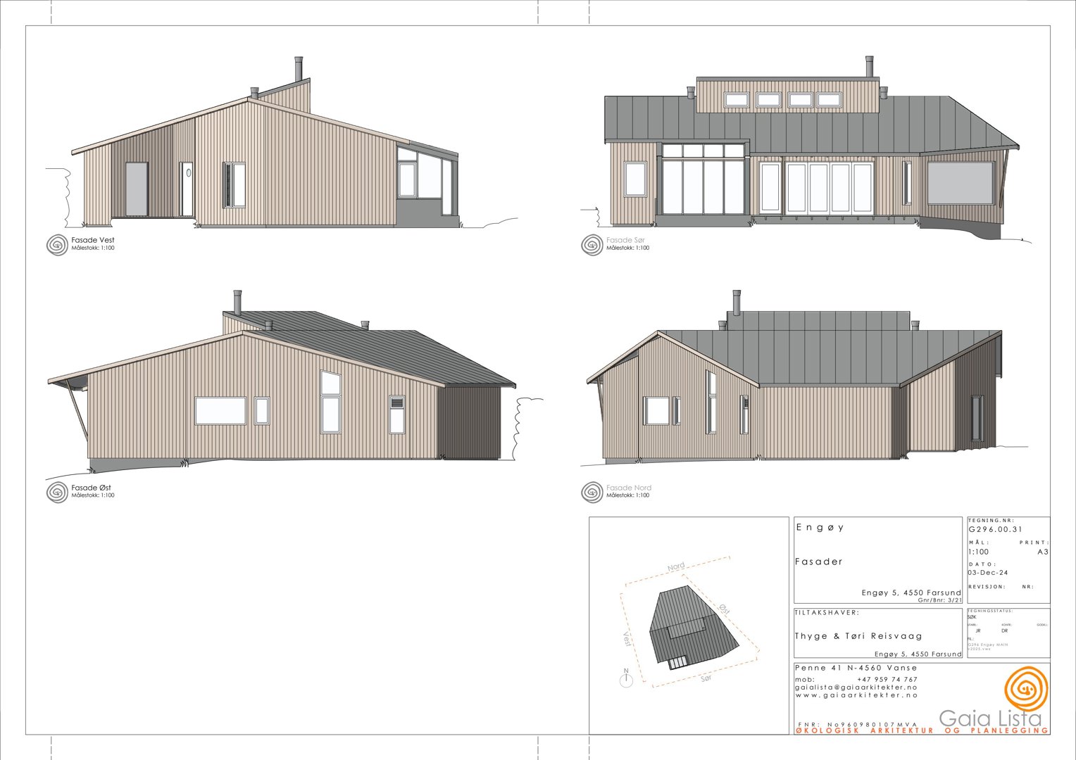 Fasadetegninger som viser bygningens utseende fra fire ulike vinkler (vest, sør, øst og nord). Tegningen inneholder også en liten situasjonsplan i bunnen.