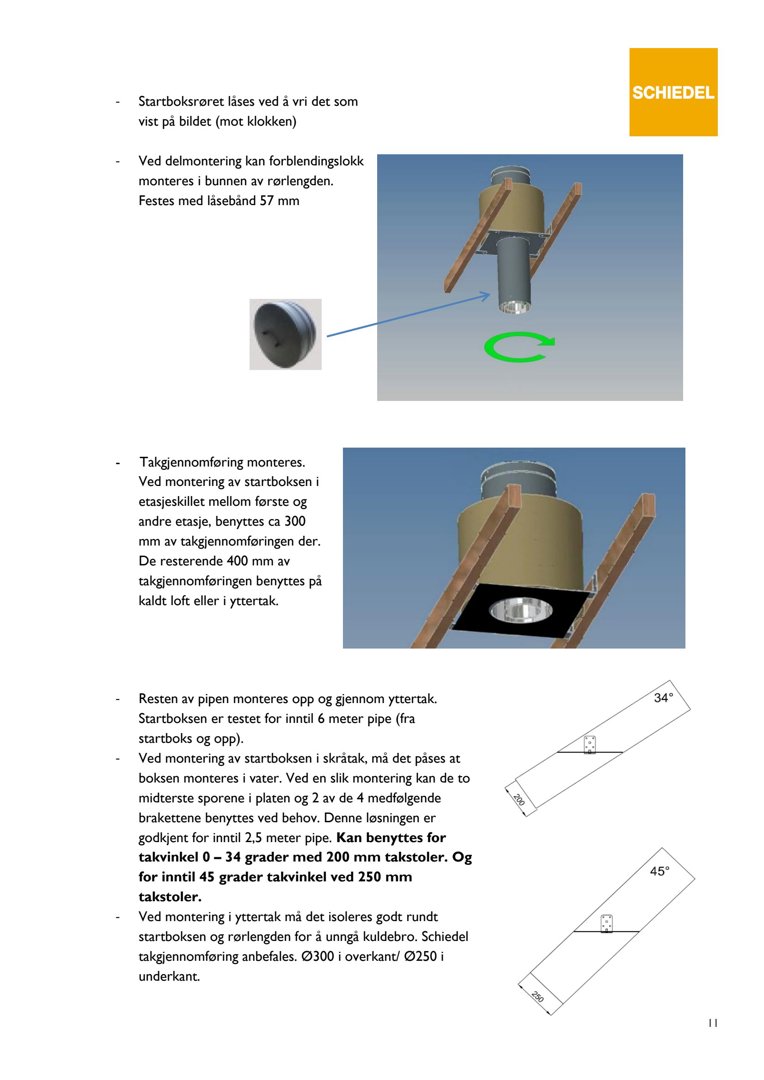 Fotografi av en Schiedel takgjennomføring med tilhørende monteringsinstruksjoner og tekniske detaljer.