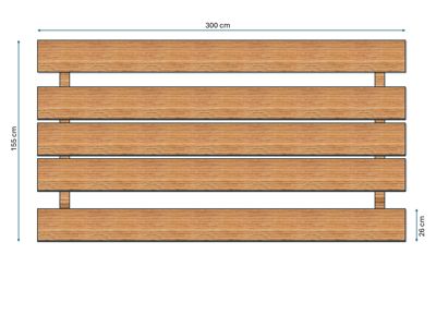 Detaljtegning av en benk med mål (300 cm bredde, 155 cm høyde) og konstruksjonsdetaljer.